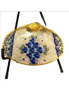 DECOUPAGE CLAM SHELL DECOUPAGE BLUE FLOWERS & PRINT TRINKET DISH